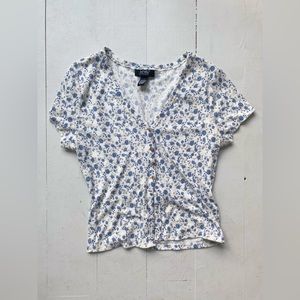 Women’s White Button Down Crop Top with Blue Flower Design
